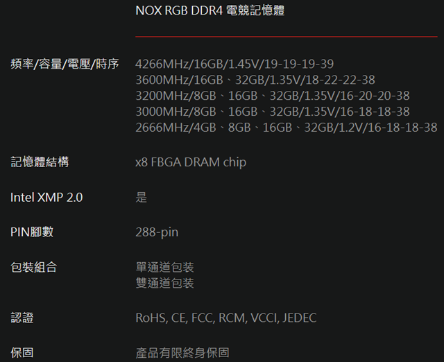 NOX RGB DDR4電競記憶體規格