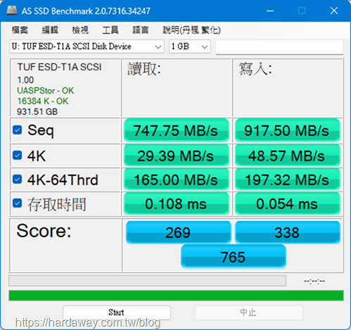 ASUS TUF Gaming A1 SSD外接盒測速