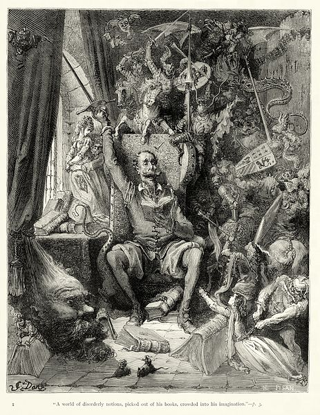 Gustave_Doré_-_Miguel_de_Cervantes_-_Don_Quixote_-_Part_1_-_Chapter_1_-_Plate_1_-A_world_of_disorderly_notions,_picked_out_of_his_books,_crowded_into_his_imagination- (1)