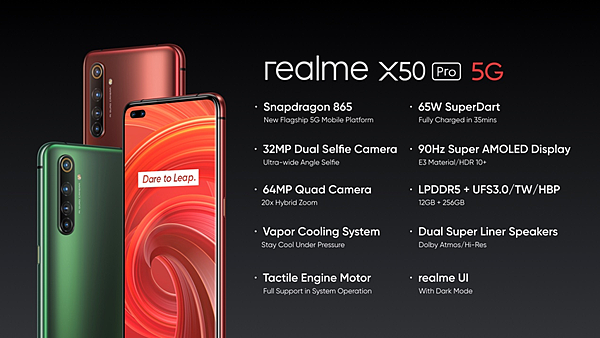 realme X50 Pro搭載Snapdragon 865、6400萬鷹眼變焦四鏡頭、3200萬超廣角雙前鏡頭、90Hz Super AMOLED以及65W SuperDart超級閃充。.png