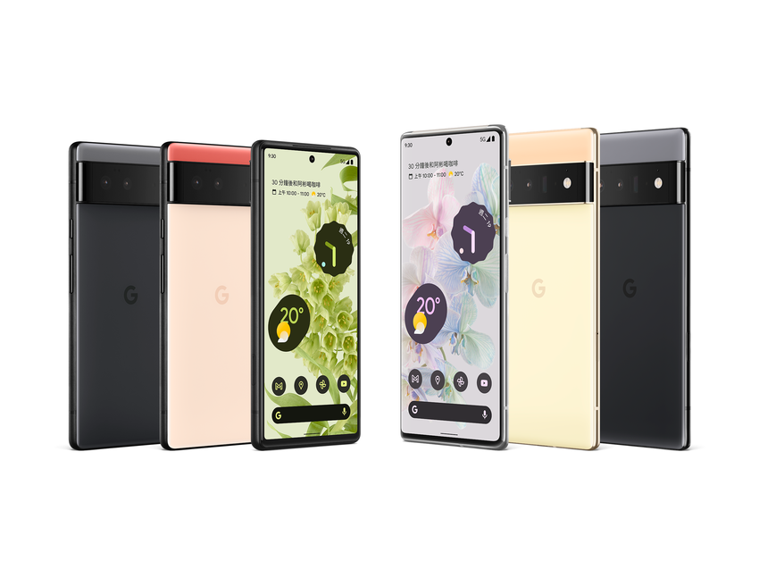 圖二：Pixel 6 推出風暴黑、珊瑚粉、海沫色（圖左）；Pixel 6 Pro 則有雲霧白、陽光黃、風暴黑（圖右）.png