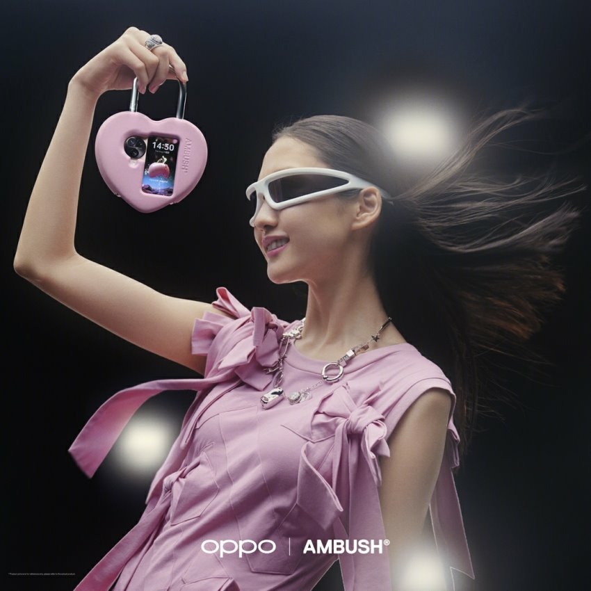 「OPPO x Ambush® 摺疊手機殼」以Ambush® 經典的心形標誌為特色，完美融合精巧的摺疊型態與潮流風格。.jpg