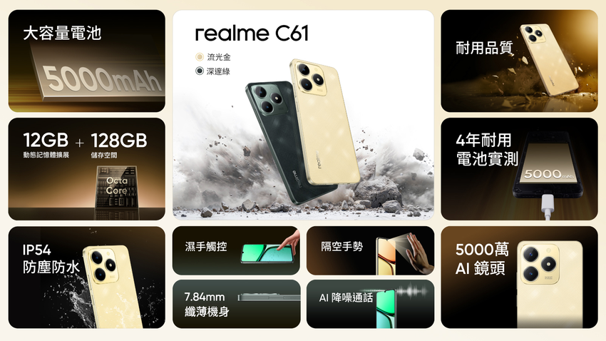 圖說：realme C61不僅配置升級，更導入「AI降噪通話」技術，以及「濕手觸控」等功能，提升用戶生活效率。.png