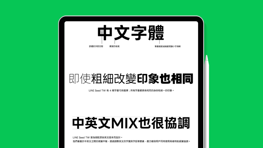 【圖02】LINE Seed繁體中文版推出四種不同粗細的字重，同時優化不同語言例如中英混排下的字距、標點對齊與高度調和等細節，進一步強化排版一致性.png