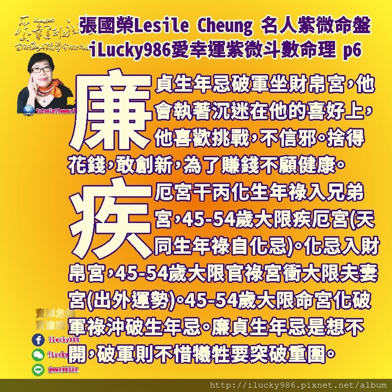 805 張國榮Lesile Cheung Kwok-wing名人紫微斗數命盤iLucky986愛幸運紫微斗數p6,疾厄宮干丙化生年祿入兄弟宮，45-54歲大限疾厄宮(天同生年祿自化忌)。化忌入財帛宮，45-54歲大限官祿宮衝大限夫妻宮(出外運勢)。45-54歲大限命宮化破軍祿沖破生年忌。廉貞生年忌是想不開，破軍則想要不惜犧牲想要突破重圍。