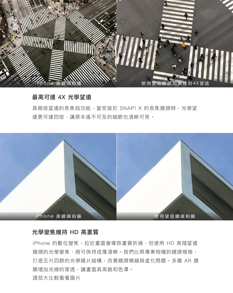 bitplay HD高階望遠鏡頭 -最高可達 4X 光學望遠,具兩倍望遠的長焦段功能,當安裝於 SNAP! X 的長焦鏡頭時,光學望遠更可達四倍,讓原本遙不可及的細節也清晰可見。光學變焦維持 HD 高畫質 ,iPhone 的數位變焦,拉近畫面會導致畫質折損,但使用 HD 高階望遠鏡頭的光學變焦,將可保持成像清晰。我們比照專業相機的鏡頭規格,打造五片四群的光學鏡片結構,改善鏡頭模糊與虛化問題。多層 AR 鍍膜增加光線的穿透,讓畫面具高飽和色澤。 bitplay HD高階望遠鏡頭 -最高可達 4X 光學望遠,具兩倍望遠的長焦段功能,當安裝於 SNAP! X 的長焦鏡頭時,光學望遠更可達四倍,讓原本遙不可及的細節也清晰可見。光學變焦維持 HD 高畫質 ,iPhone 的數位變焦,拉近畫面會導致畫質折損,但使用 HD 高階望遠鏡頭的光學變焦,將可保持成像清晰。我們比照專業相機的鏡頭規格,打造五片四群的光學鏡片結構,改善鏡頭模糊與虛化問題。多層 AR 鍍膜增加光線的穿透,讓畫面具高飽和色澤。