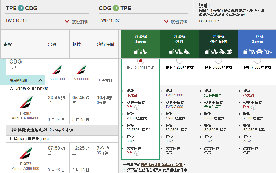 阿聯酋航空 歐洲 機票 巴黎 特價 emirates airlines