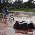 硬是在水裡面騎車