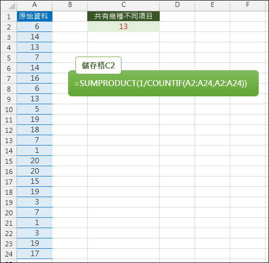 Excel-計算儲存格內容有多少不同項目(SUMPRODUCT,COUNTIF)