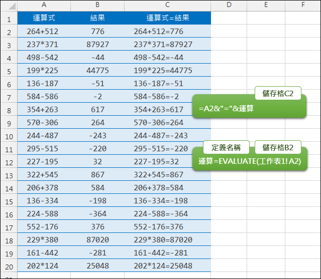 Excel-利用儲存格中的運算式計算運算結果(EVALUATE)