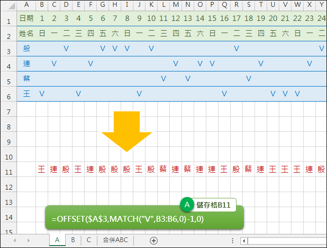 Excel-多個工作表資料集合在一個工作表(OFFSET,MATCH,INDIRECT)