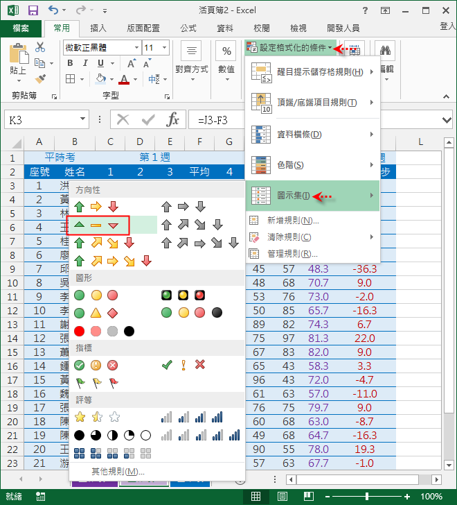 Excel 用圖示表示比較兩個分數的進步 退步 設定格式化的條件 學不完 教不停 用不盡 痞客邦
