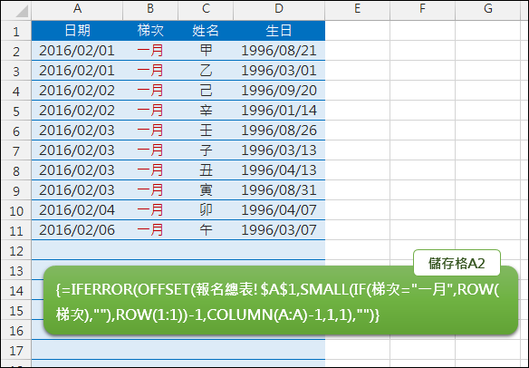 Excel-將報名資料依梯次顯示在不同工作表中(OFFSET,ROW,陣列公式)