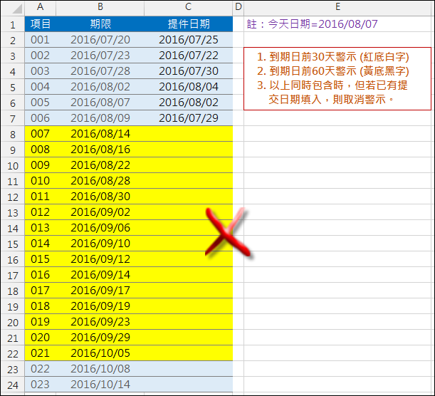 Excel-依日期判斷給予警示色彩(設定格式化的條件)