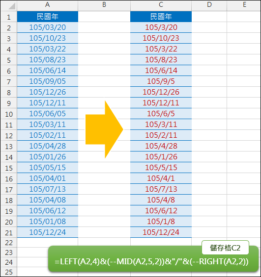 Excel-將日期中月、日第1碼的0去除(LEFT,MID,RIGHT)