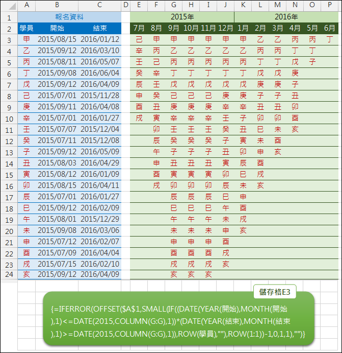 Excel-依據日期區間列出各月(跨年)人員清單(OFFSET,ROW,COLUMN,陣列公式) Excel-依據日期區間列出各月(跨年)人員清單(OFFSET,ROW,COLUMN,陣列公式)