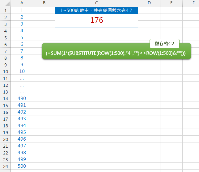 Excel-在一個數值區間中計算含有某個數字的個數(SUBSTITUTE,ROW)