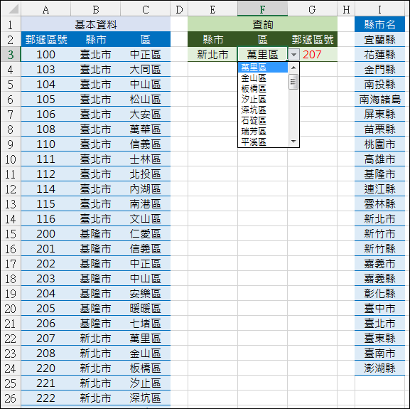 Excel-郵遞區號查詢(VLOOKUP,OFFSET,SUMPRODUCT)2