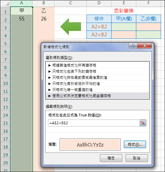 Excel-依據儲存格內容決定整欄的色彩(設定格式化的條件)