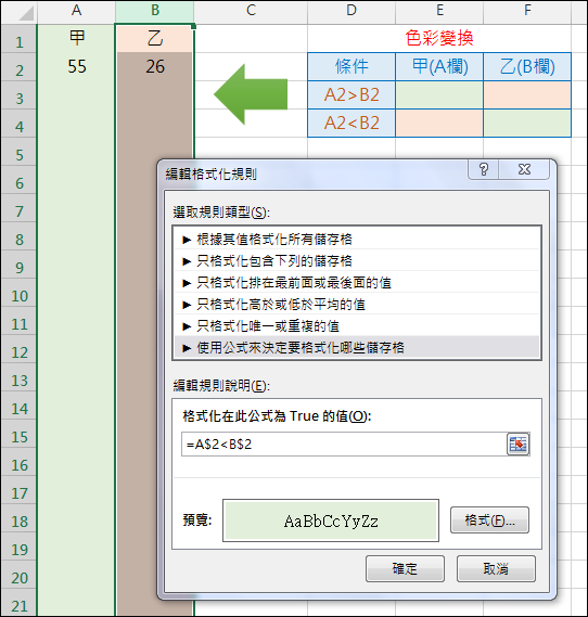 Excel-依據儲存格內容決定整欄的色彩(設定格式化的條件)