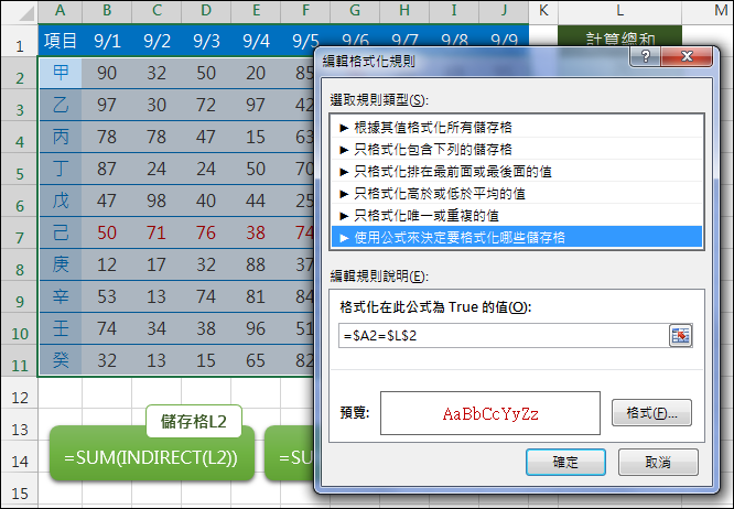 Excel-利用下拉式清單挑選後計算各欄各列的總和(OFFSET,INDIRECT,MATCH)