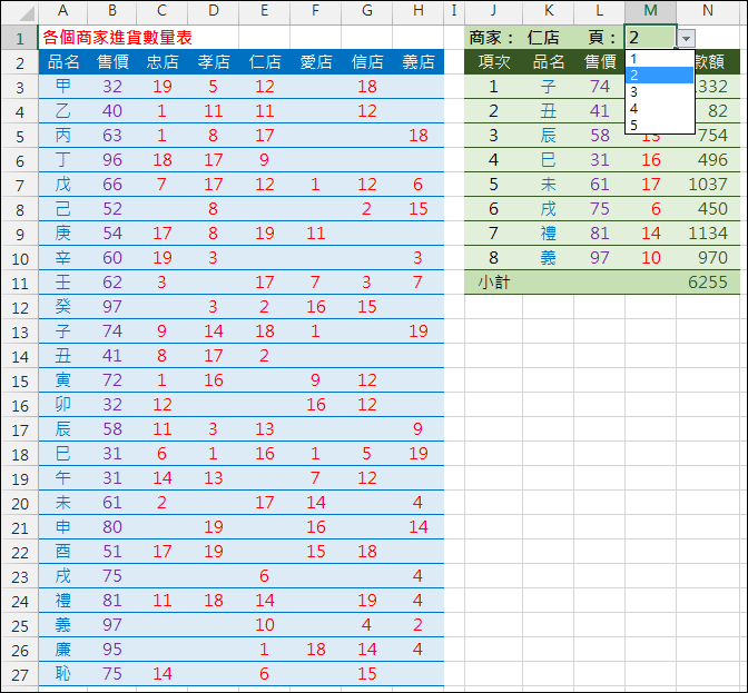 Excel-由清單挑選列出多組資料中的其中一組並分頁顯示(OFFSET,ROW,陣列公式)