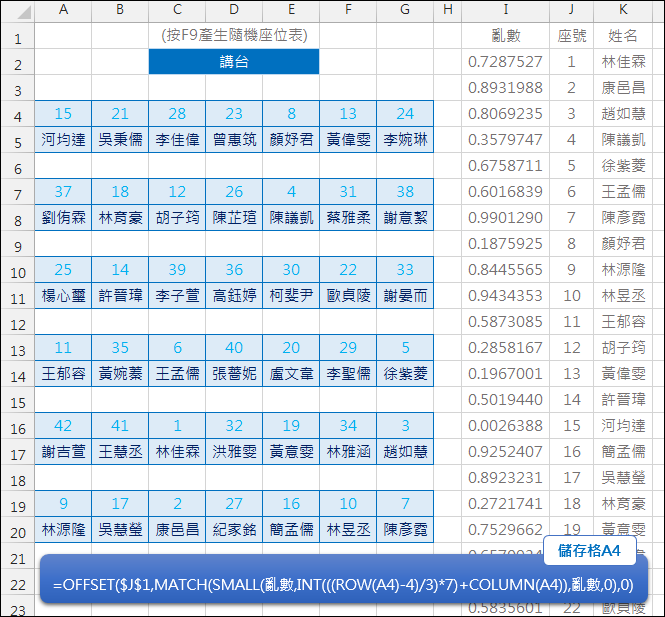 Excel-產生隨機座位表(RAND,OFFSET,MATCH,ROW,COLUMN) Excel-產生隨機座位表(RAND,OFFSET,MATCH,ROW,COLUMN)