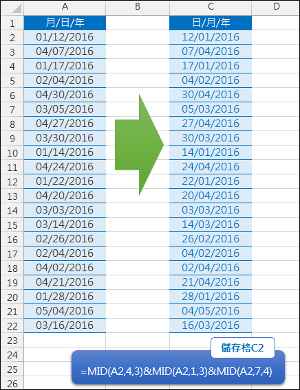 Excel-調整非數值的日期格式(MID)