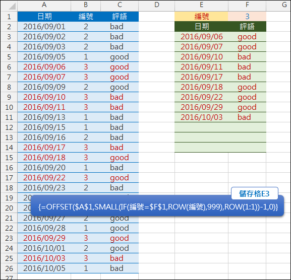 Excel-用公式篩選符合條件者(OFFSET,ROW,陣列公式)