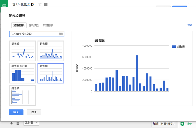 在Google雲端硬碟的試算表中建立圖表並且分享