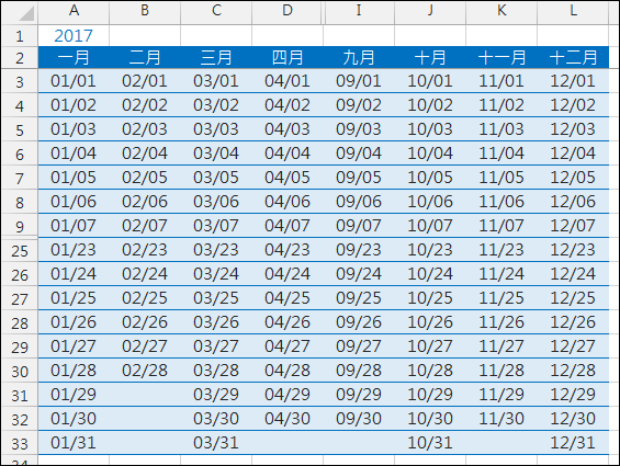 Excel-產生一年的所有日期(DATE,COLUMN,IFERROR)