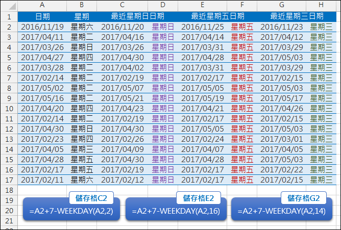 Excel-依指定日期找出最靠近的星期幾日期(WEEKDAY)