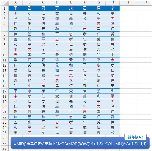 Excel-依字串產生固定順序排列的字元(INT,MID) Excel-依字串產生固定順序排列的字元(INT,MID)