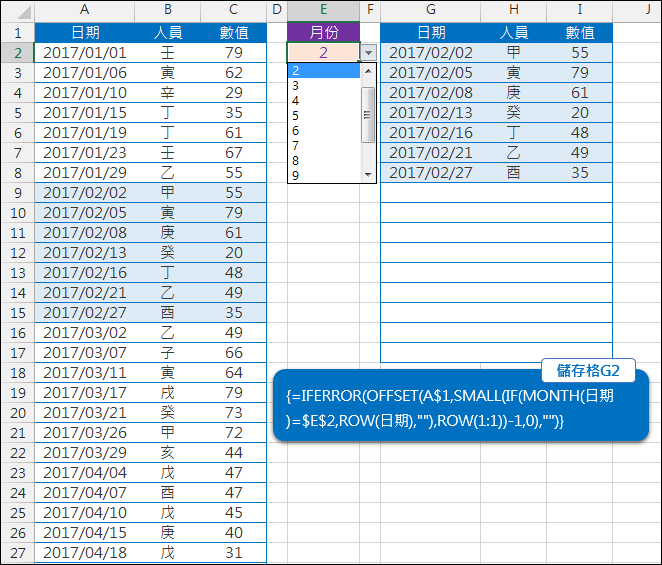 Excel-用公式依月份篩選資料(陣列公式,OFFSET,MATCH)