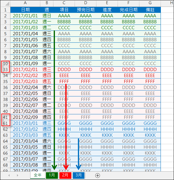 將整年的資料清單分配到12個月的資料表中(OFFSET,MATCH)