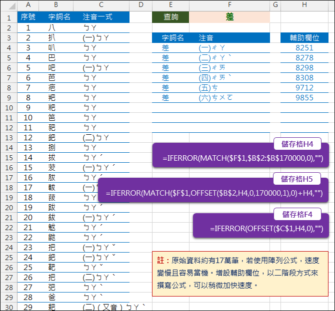 Excel-替代陣列公式以在大筆資料中加快速度(MATCH,OFFSET)