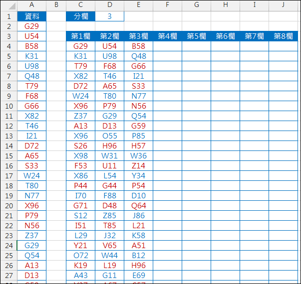 Excel-動態將一欄資料轉換成多欄(OFFSET,COLUMN,ROW)