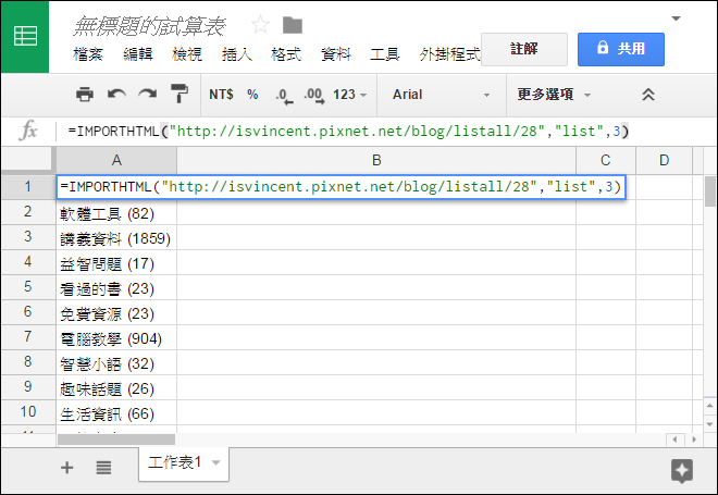 Google試算表-抓取網頁資料(IMPORTHTML) Google試算表-抓取網頁資料(IMPORTHTML)