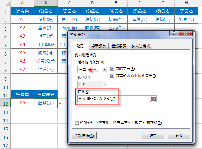 Excel-產生動態的下拉式清單內容(資料驗證,INDIRECT,OFFSET,COUNTA)