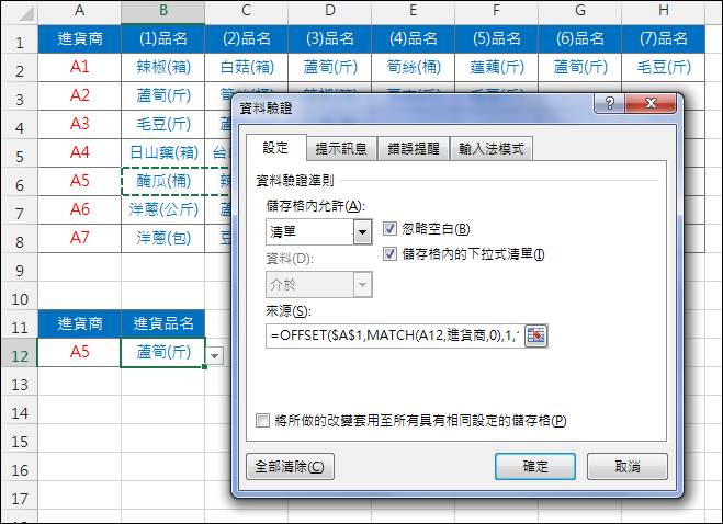 Excel-產生動態的下拉式清單內容(資料驗證,INDIRECT,OFFSET,COUNTA)