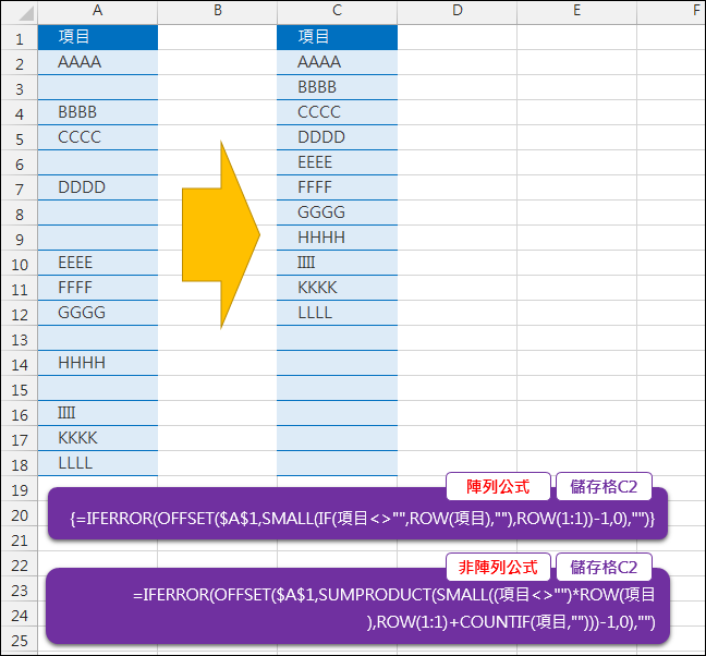 Excel-列出非空白項目的清單(陣列公式和非陣列公式)(SUMPRODUCT,OFFSET) Excel-列出非空白項目的清單(陣列公式和非陣列公式)(SUMPRODUCT,OFFSET)