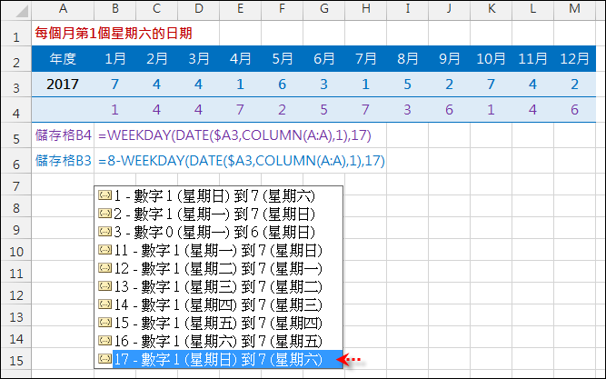 Excel-找出一年中每個月的第一個星期六(WEEKDAY,DATE) Excel-找出一年中每個月的第一個星期六(WEEKDAY,DATE)