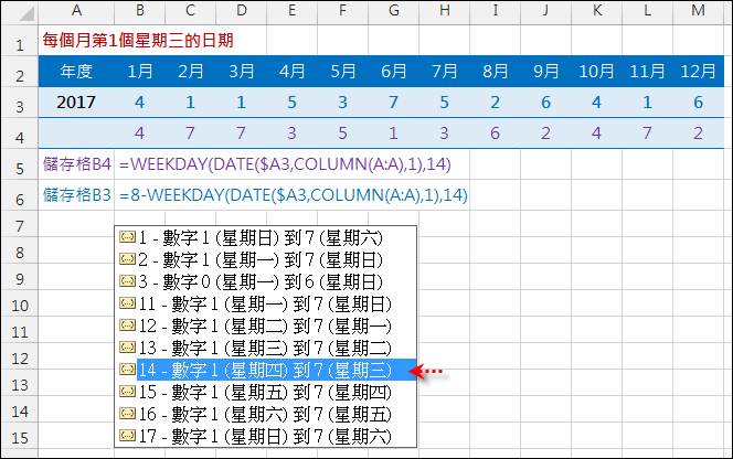 Excel-找出一年中每個月的第一個星期六(WEEKDAY,DATE) Excel-找出一年中每個月的第一個星期六(WEEKDAY,DATE)