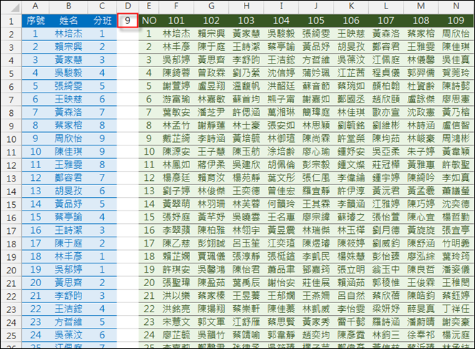 Excel-執行S型分班(INT,MOD,OFFSET,COLUMN)