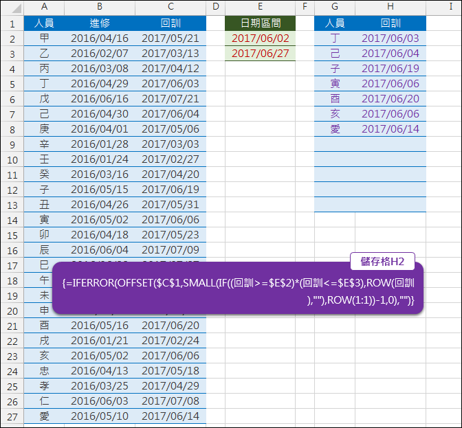 Excel-依日期區間列出符合的清單(SMALL,OFFSET,ROW,陣列公式)