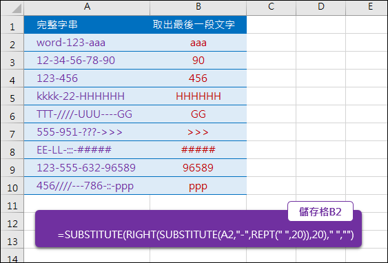Excel-由多段以「-」串接的字串中找出最後一段(SUBSTITUTE,REPT) Excel-由多段以「-」串接的字串中找出最後一段(SUBSTITUTE,REPT)