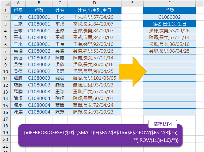 Excel-由原始清單中挑出符合指定內容的清單(ROW,COLUMN,INT,MOD,OFFSET)