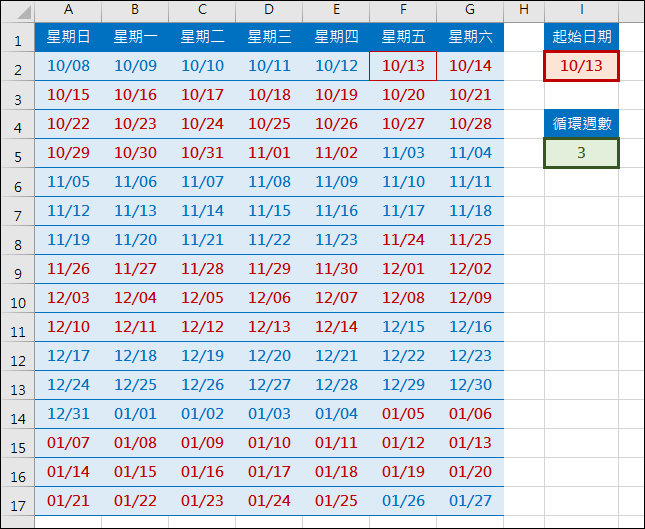 Excel-依起始日期和循環週數標示日期(MOD,INT)