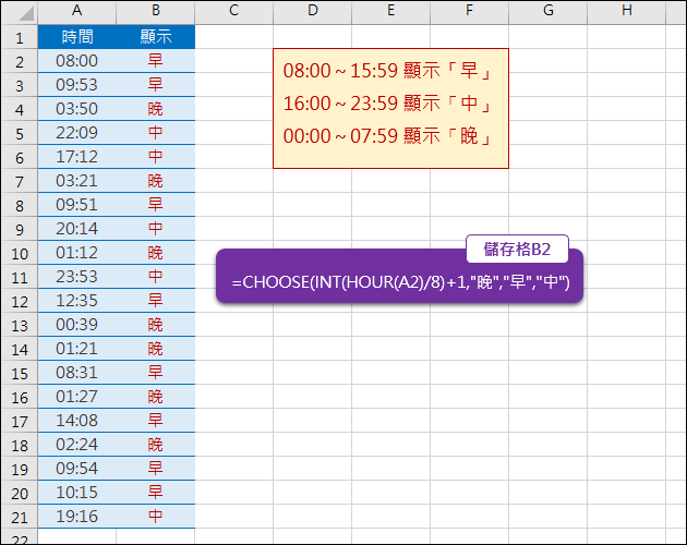 Excel-時間依不同時段顯示不同名稱(INT,HOUR,CHOOSE)