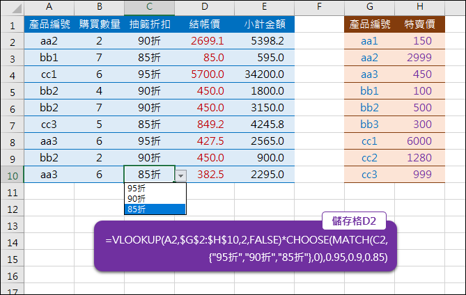 Excel-依抽籤折扣數計算價錢(VLOOKUP,CHOOSE,MATCH)